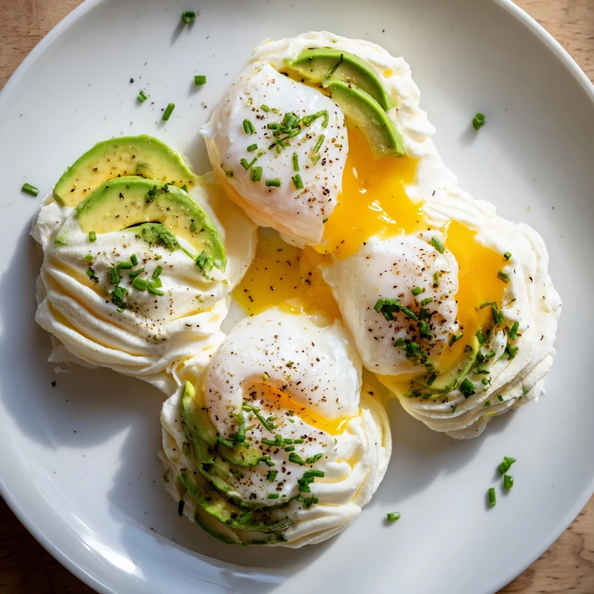 Golden-brown Cloud Bread Breakfast Clouds sit with vibrant green avocado slices and a runny poached egg.