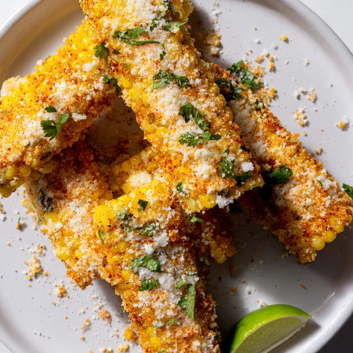 Oven-baked Corn Ribs, crisp and spice-rubbed, topped with a generous layer of melted cheese, ready to eat.
