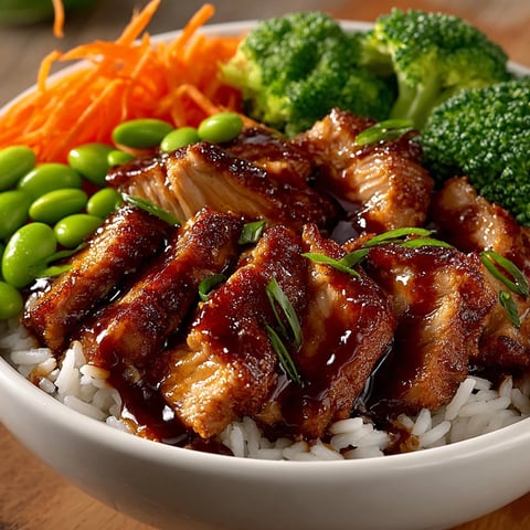 Teriyaki Chicken Rice Bowls featuring glazed chicken, steamed broccoli, carrots, and edamame over fluffy rice.