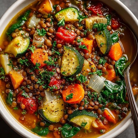 Steaming bowl of Lentil Vegetable Soup, a comforting vegetarian dinner filled with hearty lentils.