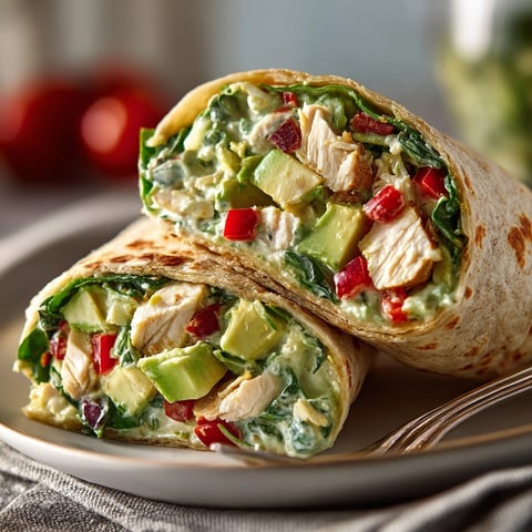 Avocado chicken salad wraps sliced in half, showing creamy filling with fresh vegetables inside.