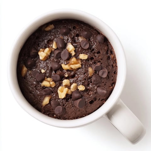 Steaming hot microwaved mug cake, ready to eat and topped with chocolate chips for a sweet treat.