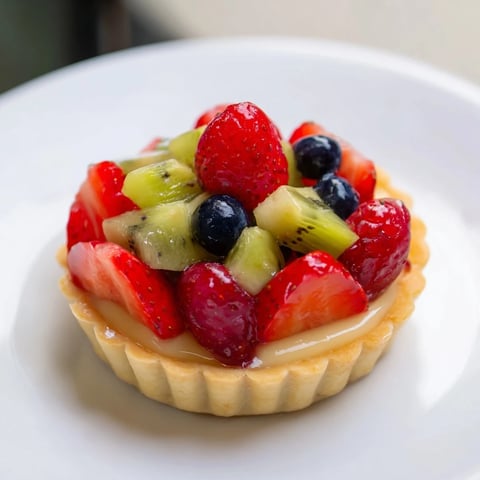 Vibrant mini fruit tartlets in a circle, showcasing fresh berries and pastry cream in a beautiful arrangement.