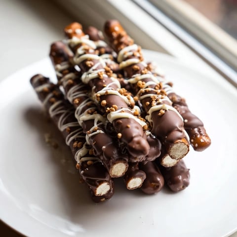 Chocolate covered pretzel stick stack, a decadent dessert, awaits with drizzled white chocolate on a tray.