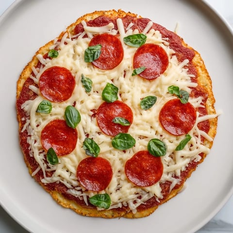 Golden, bubbly ground beef pizza base topped with cheese and pepperoni, ready to slice.