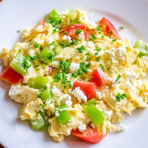 A vibrant, close-up shot of steaming Turkish Menemen scramble, ready to eat with a side of bread.