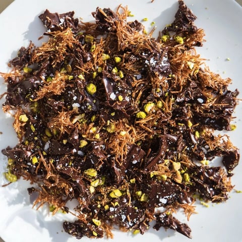 Golden Kataifi chocolate crunch bark, a stunning dessert with crispy phyllo and rich, dark chocolate.