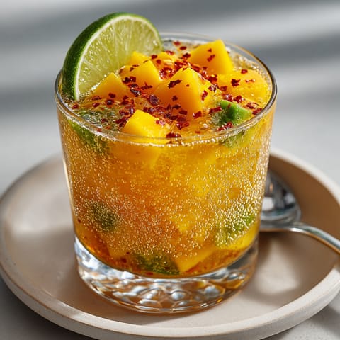 Vibrant Spicy Mango Ginger Fizz cocktail served over ice, topped with sparkling water and chili flakes.