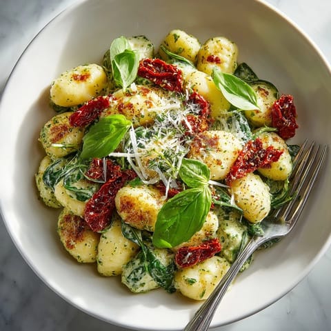 Creamy pesto gnocchi served hot, topped with parmesan and fresh basil for a comforting main dish.