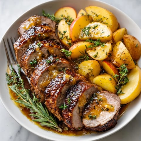 Juicy Cream Soda Pork Tenderloin served with tender roasted apples, perfect for a comforting family dinner.