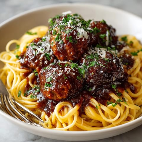 Tender Cherry Cola Glazed Meatball Pasta, with plump meatballs and a rich, glossy glaze, perfect for a delicious dinner.