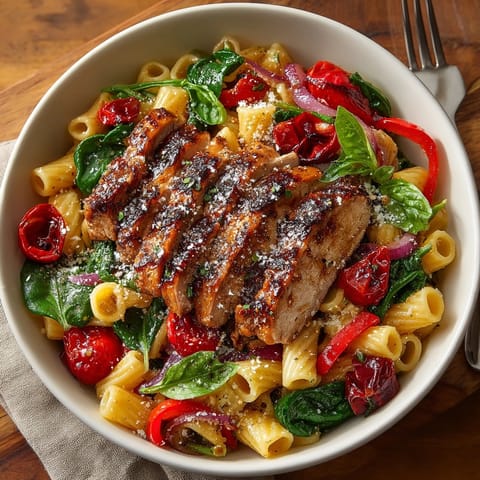 A beautiful shot of the cherry bourbon glazed pork pasta bowl, a complete meal with colorful vegetables and tender pork.