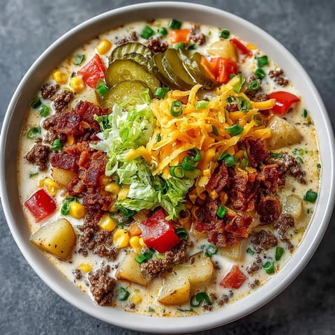 Creamy and rich, this Loaded Cheeseburger Soup invites with its savory aroma and melty cheese.