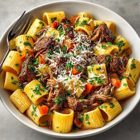 A close-up view of the Apple Cider Braised Pork Pasta, garnished with fresh parsley and Parmesan cheese.