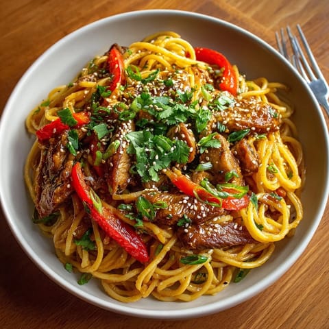 A colorful bowl showcasing a flavorful Plum Glazed Pork Pasta, complete with nutty sesame seeds and fresh cilantro.