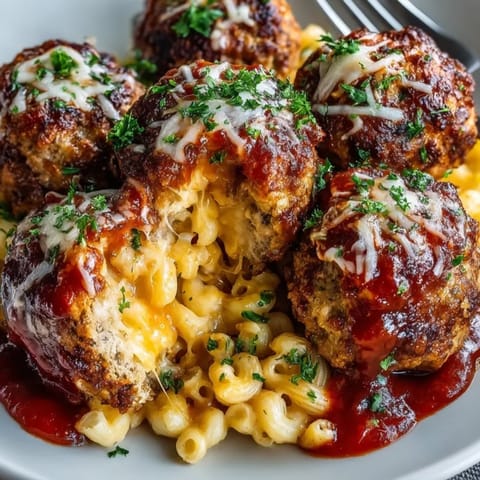 Juicy mac and cheese stuffed meatballs, just baked, oozing creamy cheddar pasta filling inside.