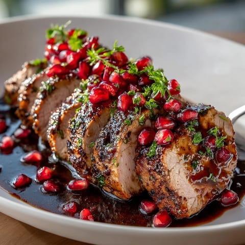 Juicy pomegranate glazed pork tenderloin rests on a platter, glistening with sweet-tart sauce.