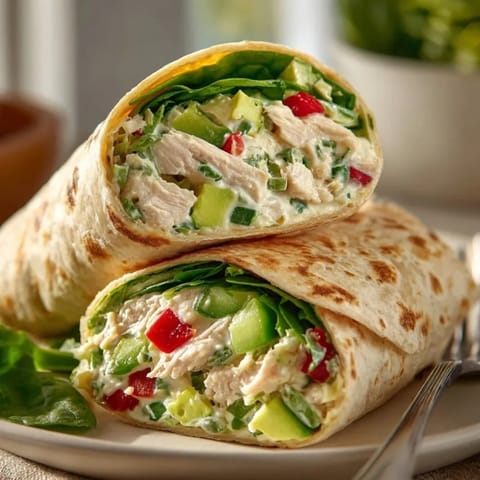 Close-up of avocado chicken salad wraps served on a plate with leafy greens and zesty dressing.