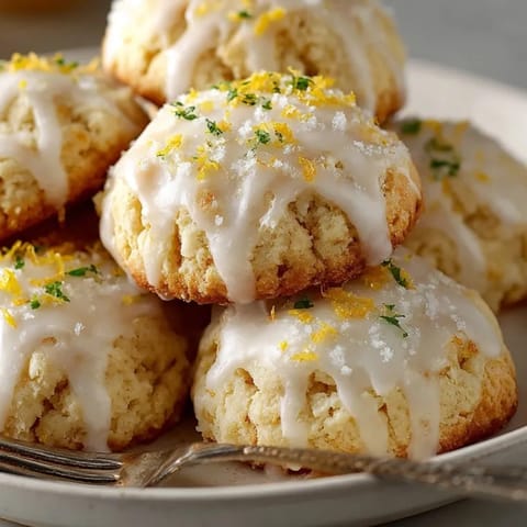 Close-up of soft ricotta lemon cookies topped with tangy lemon glaze and zest garnish.