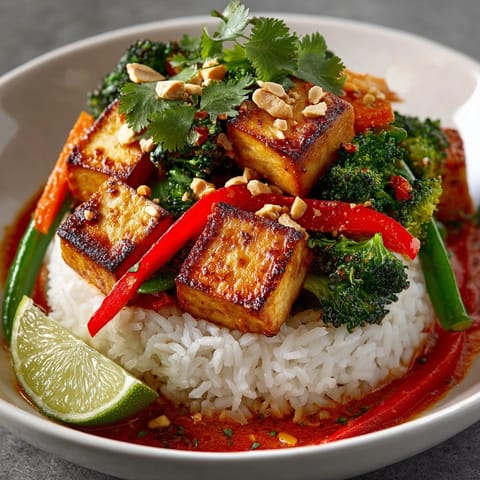 Steaming Thai Curry Coconut Rice Bowl with creamy sauce, crisp veggies, and peanuts ready to eat.