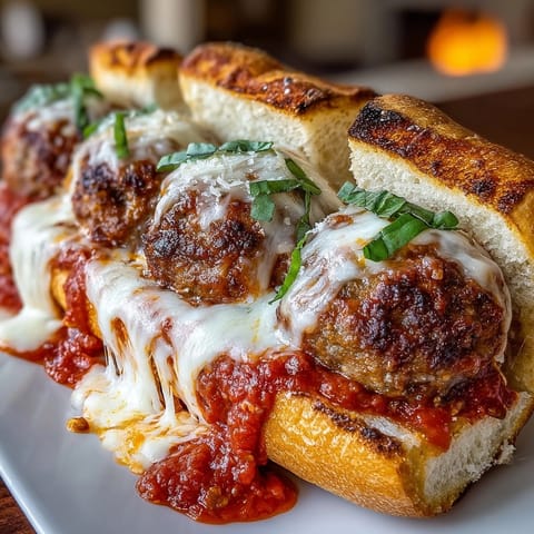 Hearty stuffed cheese meatball subs oozing mozzarella, garnished with basil and perfect for dinner.