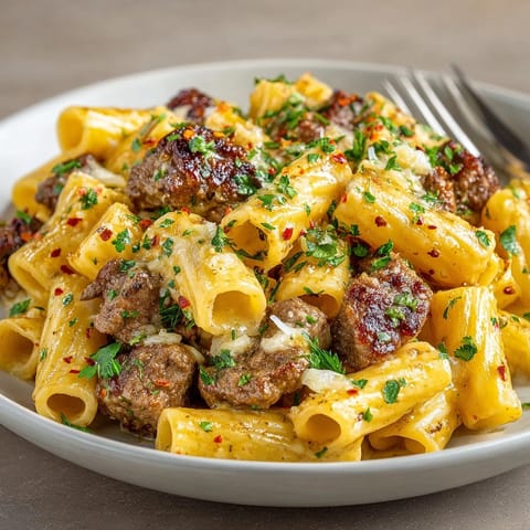 Rigatoni tossed with tender beef and creamy garlic sauce for a comforting Beef With Pasta in Creamy Garlic Sauce dish.