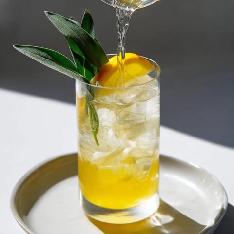 A vibrant Thanksgiving Nonalcoholic Sage-Fizz Mocktail served over ice with sparkling water.  