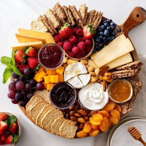 Delightful jam-infused brunch board featuring creamy cheeses and vibrant berries.  