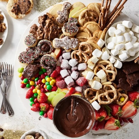 Deliciously arranged dessert board featuring sweet treats and fresh fruits.  