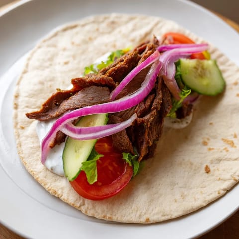Warm flatbread wraps, loaded with flavorful beef shawarma, fresh vegetables, and tangy yogurt dressing.