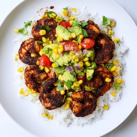 Flavorful blackened shrimp atop a fresh Southwestern-style bowl, topped with creamy avocado corn salsa.
