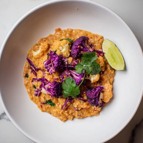 Creamy Red Cabbage, Cauliflower & Coconut Dhal: a hearty, vegan Indian-inspired dish with warming spices.