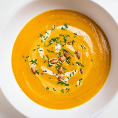 Close-up of golden Butternut Squash & Pear Soup, a velvety blend with fresh chives on top.