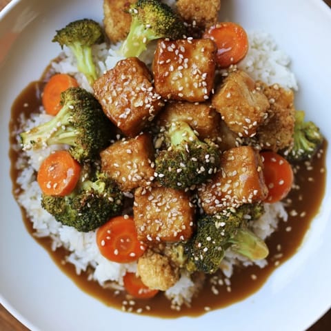Crispy sesame tofu and tender broccoli in a savory, glossy sauce with steamed rice.