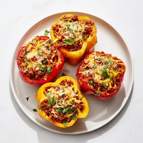 A close-up of baked Sloppy Joe stuffed bell peppers that are vibrant and steaming, a family favorite.