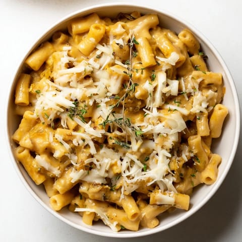 A rich, warm plate of creamy French Onion Ditalini with caramelized onions and a creamy sauce.