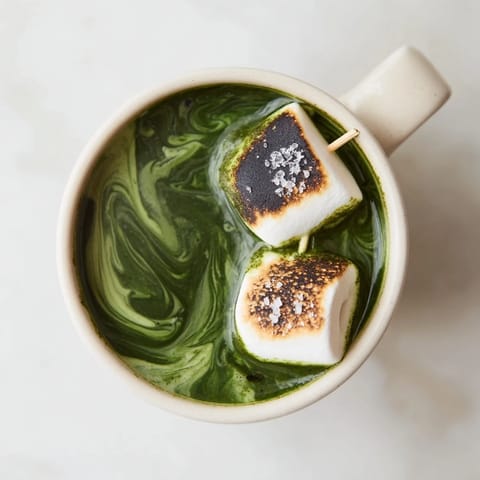 Steaming mug of toasted marshmallow campfire matcha hot cocoa, topped with gooey, golden marshmallows.
