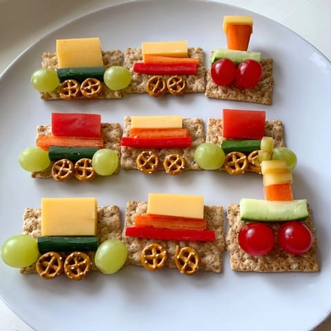 Choo Choo Train Snack Track loaded with colorful fruits, veggies, cheese—a fun and healthy snack idea.