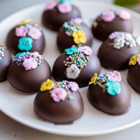 Close-up of decadent, chocolate-covered decorated Easter egg candy ready for your Easter celebration.