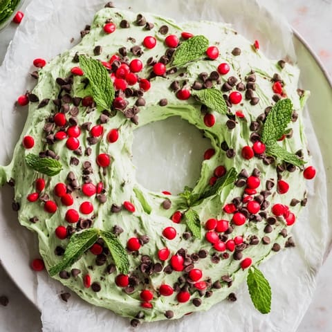Vibrant Mint Chocolate Chip Dip Wreath—a holiday treat garnished with red candies and fresh mint leaves.