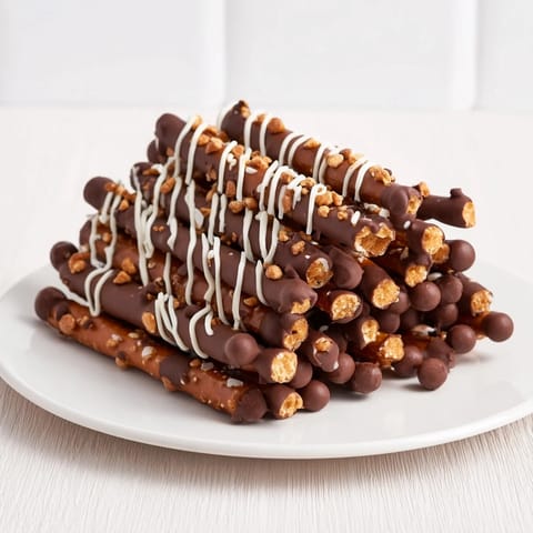 Sweet chocolate covered pretzel stick stack presents a delightful mix of crunchy pretzels and melted chocolate goodness.