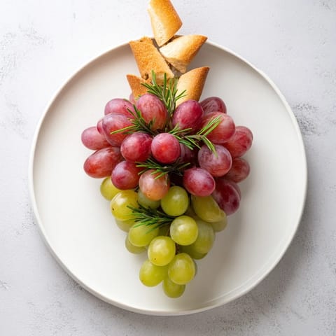 A visual delight: Red and green vineyard grape cluster appetizer with rustic bread stem.