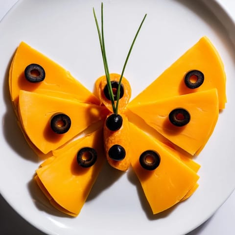 The Butterfly Migration appetizer showcases a salami butterfly body surrounded by cheese wing details topped with olives.