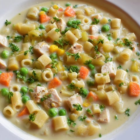 This Chicken Pot Pie Pasta Soup features a comforting aroma of herbs, with visible peas and carrots.