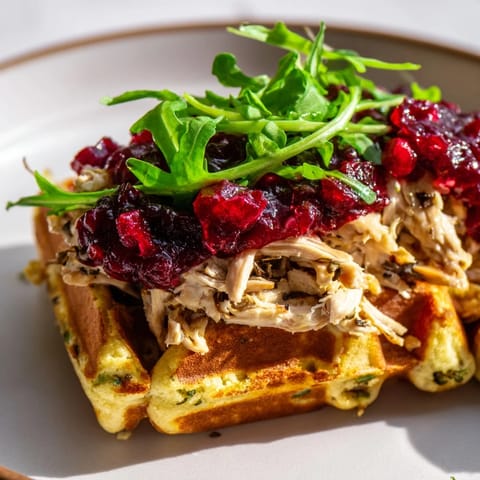 Savory stuffing waffle chicken sliders piled high, perfect for a Thanksgiving appetizer or game day.