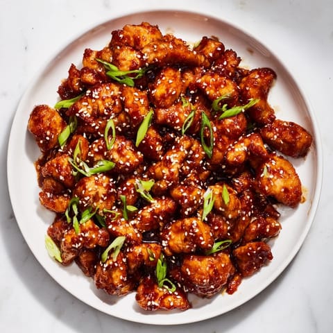 Golden brown Sweet and Spicy Sriracha Honey Chicken skillet with garnishes of green onions and sesame seeds.