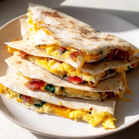 Freshly made breakfast quesadilla, a clever folded tortilla filled with savory ingredients, ready to eat.