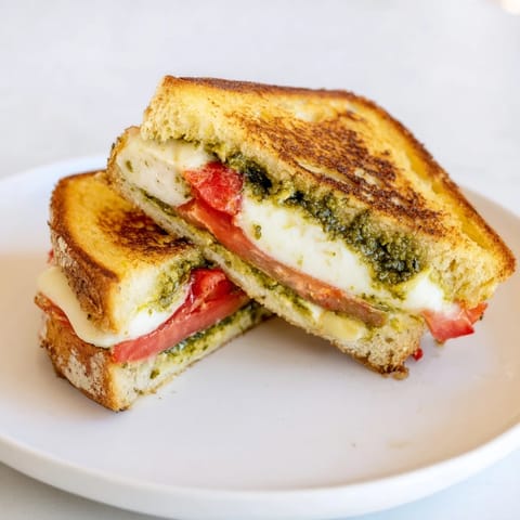 Close-up of a Caprese Pesto Grilled Cheese, featuring vibrant basil pesto spread and juicy ripe tomatoes layered between toasted bread.