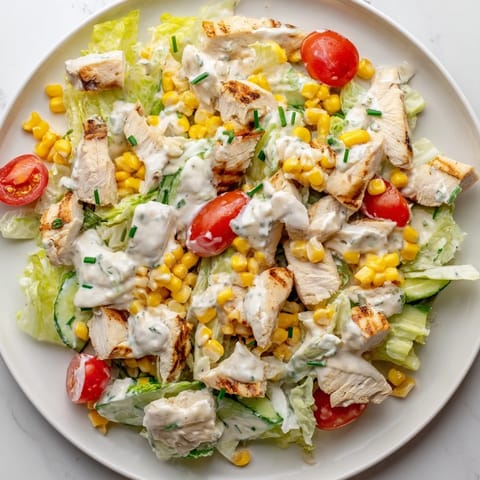 Fresh Ranch Chicken Chopped Salad in a white bowl, featuring vibrant red cherry tomatoes, diced cucumber, and green chives, ready for a light dinner or picnic.