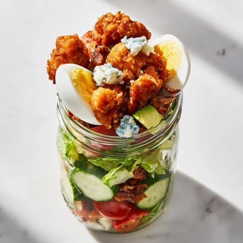 Golden Crispy Chicken Cobb Jar Salad with creamy blue cheese, cherry tomatoes, and cucumber stacked in a 16-ounce mason jar.  